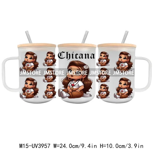 Cartoon Chicano Girls Rose UV DTF Glass Can Wrap For 15OZ Mug Coffee Cup Transfer Sticker DIY Custom Logo Labels Mexican Culture