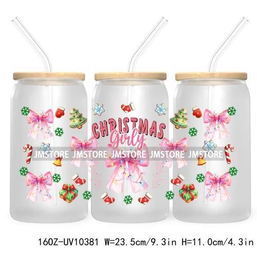 Just A Girl Who Loves Christmas UV DTF Sticker For 16OZ Libbey Glass Cup Can Wrap Transfer Stickers Custom Label Gingerbread Bow