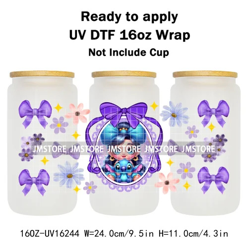 Floral Cartoon Princess Coquette Bow 16OZ UV DTF Cup Wrap Ready To Apply Waterproof Transfer Stickers For Libbey Glass Can Mugs