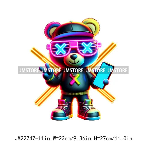 Cool Neon Colorful Hip Hop Streetwear Urban Teddy Bear Iron On DTF Transfers Stickers Ready To Press For Clothing Bags