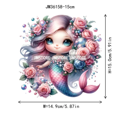 15cm 5.9in Cute Kid Flower Mermaid Iron On DTF Heat Transfer Sticker For Clothes Printed Thermal Applique Washable T-Shirt Decal