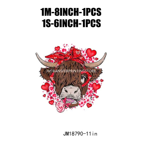 Hot Sale Western Highland Cow Pink Be Mine Heifer Valentine Printing DTF I Love Moo XOXO Heat Transfer Stickers For Hoodies