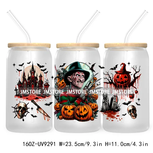 Scary Movies Halloween 16OZ UV DTF Cup Wrap Transfer Stickers Custom Labels Waterproof Logo For Libbey Glass Can Spooky Season