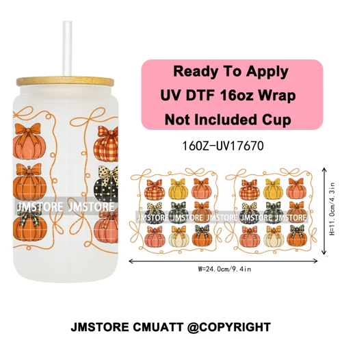 Halloween Fall Autumn Pumpkins Coquette Leopard Bow UV DTF Cup Wrap 16OZ Ready To Apply Transfer Stickers For Libbey Glass Can