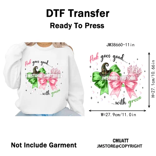 In My Witch Era Pink Goes With Green Coquette Bow Magic Broom Iron on DTF Washable Transfers Stickers Ready to Press for Textile