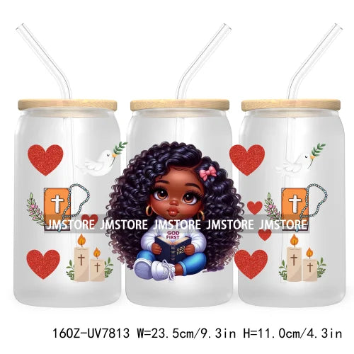 Cute Black Afro Girls 16OZ UV DTF Cup Wrap Transfer Stickers For Libbey Glass Can Cups Tumbler Waterproof Labels Christian Cross