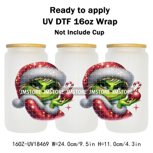 Faux Glitter Christmas Girl Green Guy UV DTF Stickers Ready To Apply Cup Wrap Custom Labels DIY Craft For Libbey Glass Can Mugs