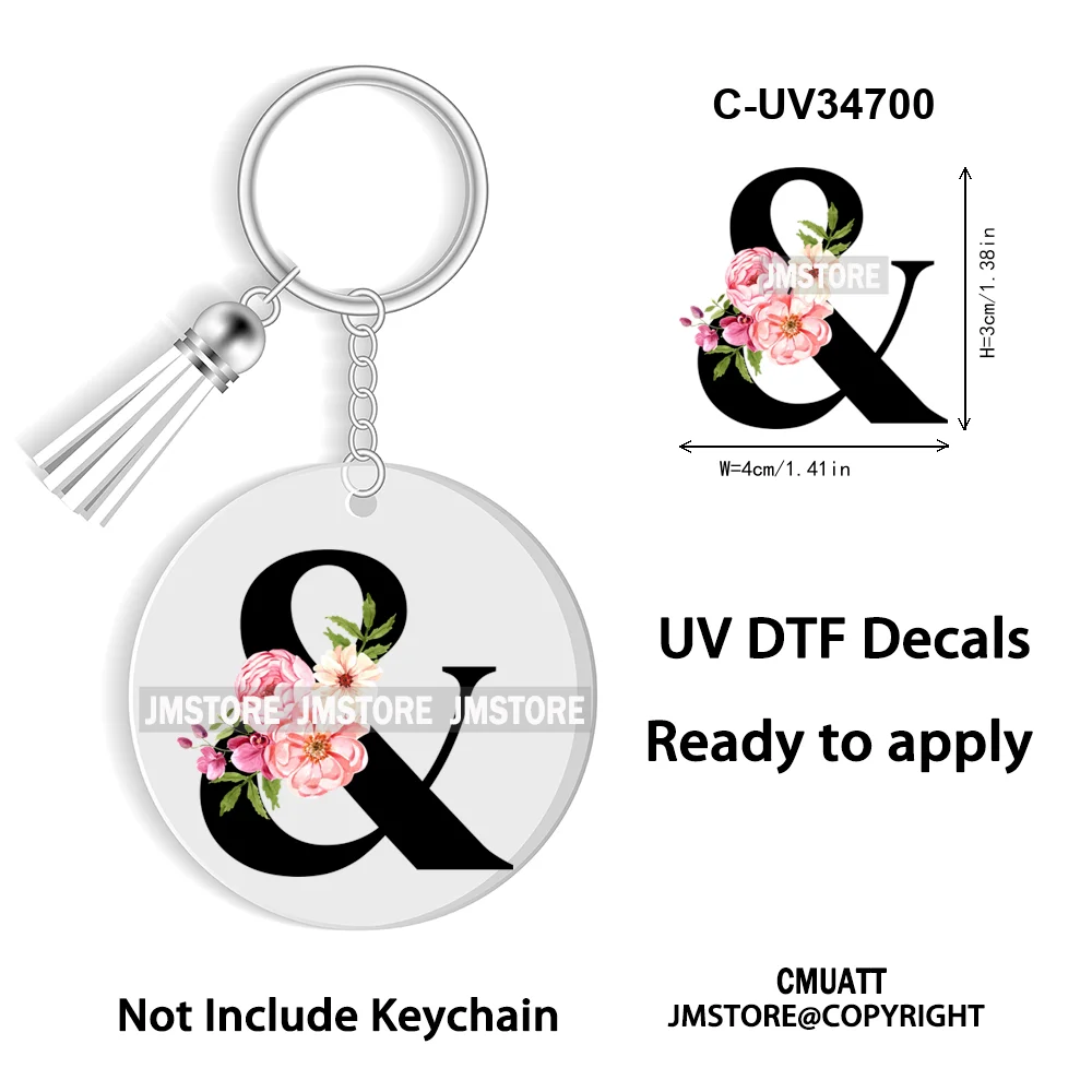 Floral Whole Entire Alphabet Flowers Black Letters Monogram WaterProof UV DTF Stickers For Round Circle Acrylic Keychain Keyring