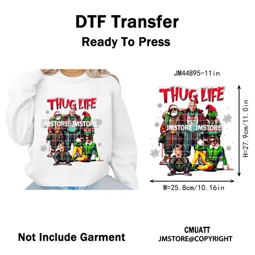 Winter Christmas Cartoon Holiday Characters Thug Life Green Iron on Washable DTF Transfers Stickers Ready to Press for Textiles