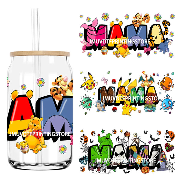 Cartoon Tiger And Bear Mama UV DTF Stickers For 16OZ Libbey Glass Cup Can Wrap Transfers Stickers Custom DIY Logo Mother's Day