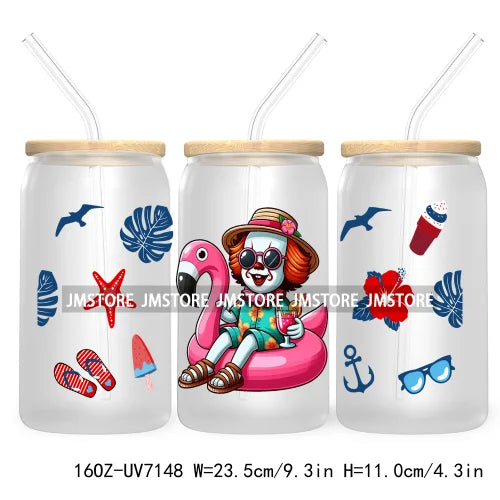 Horror's Summer Vacation 16OZ UV DTF Cup Wrap Transfers Stickers For Libbey Glass Can Cups Tumbler Waterproof Craft Cartoon Girl