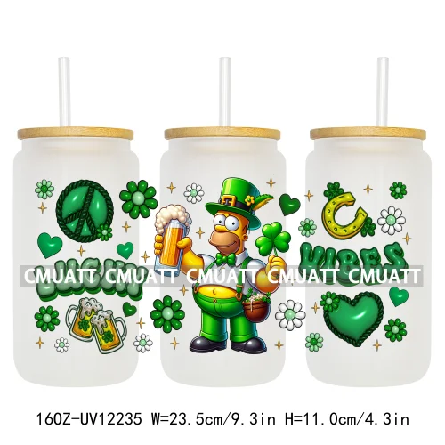 Cartoon Princess Girls St Patricks' Day Lucky Vibes 16OZ UV DTF Cup Transfer Wrap Sticker Waterproof Logos For Libbey Glass Can