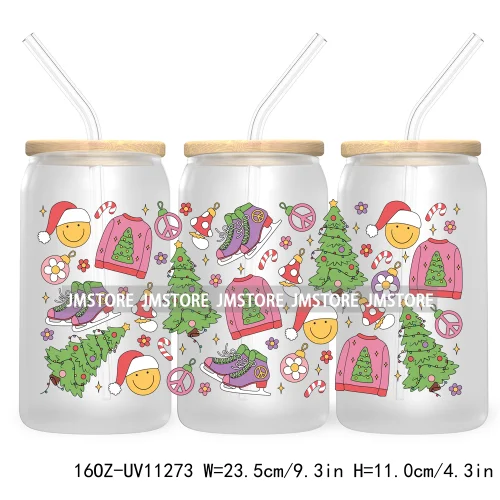 Happy New Year Christmas Tree Gingerbread 16OZ UV Cup Wrap DTF Transfer Stickers For Libbey Glass Can Cups Tumbler Waterproof