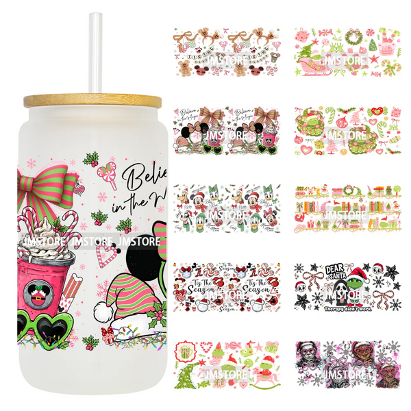 Coquette Bow Cartoon Christmas Green Guy UV DTF Cup Wrap Ready To Apply Transfer Stickers Waterproof For 16OZ Libbey Glass Can