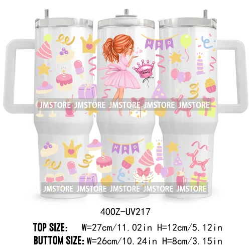 40OZ Tumbler Wrap Birthday Girl Cake Party UV DTF Cup Wraps Transfer Stickers Custom Labels Waterproof Logo Cute Queen Princess