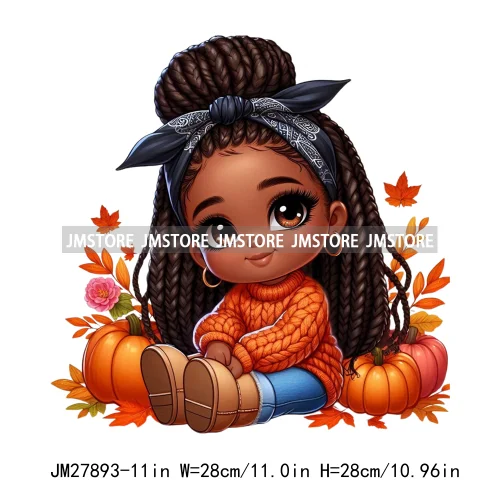 New Autumn Chibi Black Baby Girls Cartoon Afro Princess Pumpkin Fall Season DTF Iron On Heat Press Transfer Stickers For Hoodies