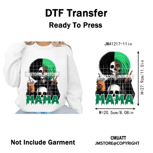 Black Girls Coffee Drinking Halloween Scary Movie Killer Mama Iron on Washable DTF Transfers Stickers Ready to Press for Clothes