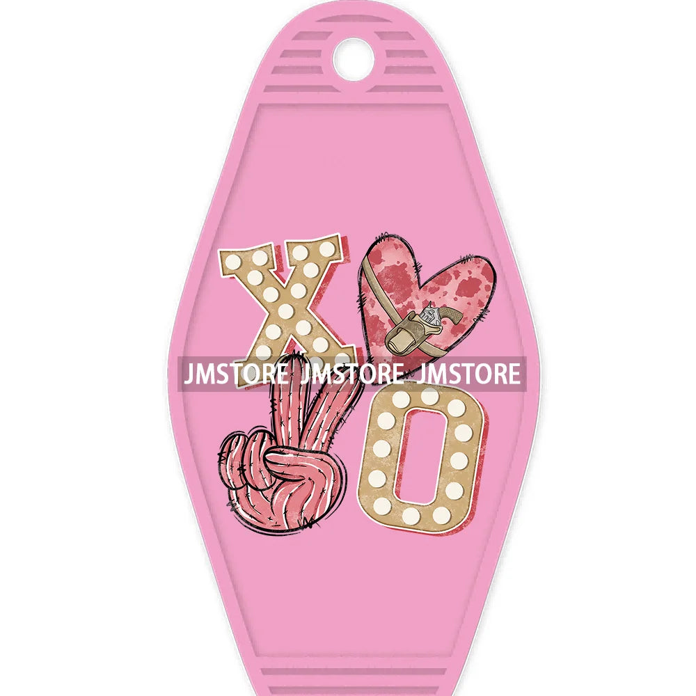 Pink Cowgirl Valentine's Day Candy Hearts High Quality WaterProof UV DTF Sticker For Motel Hotel Keychain Leopard Love Vibes