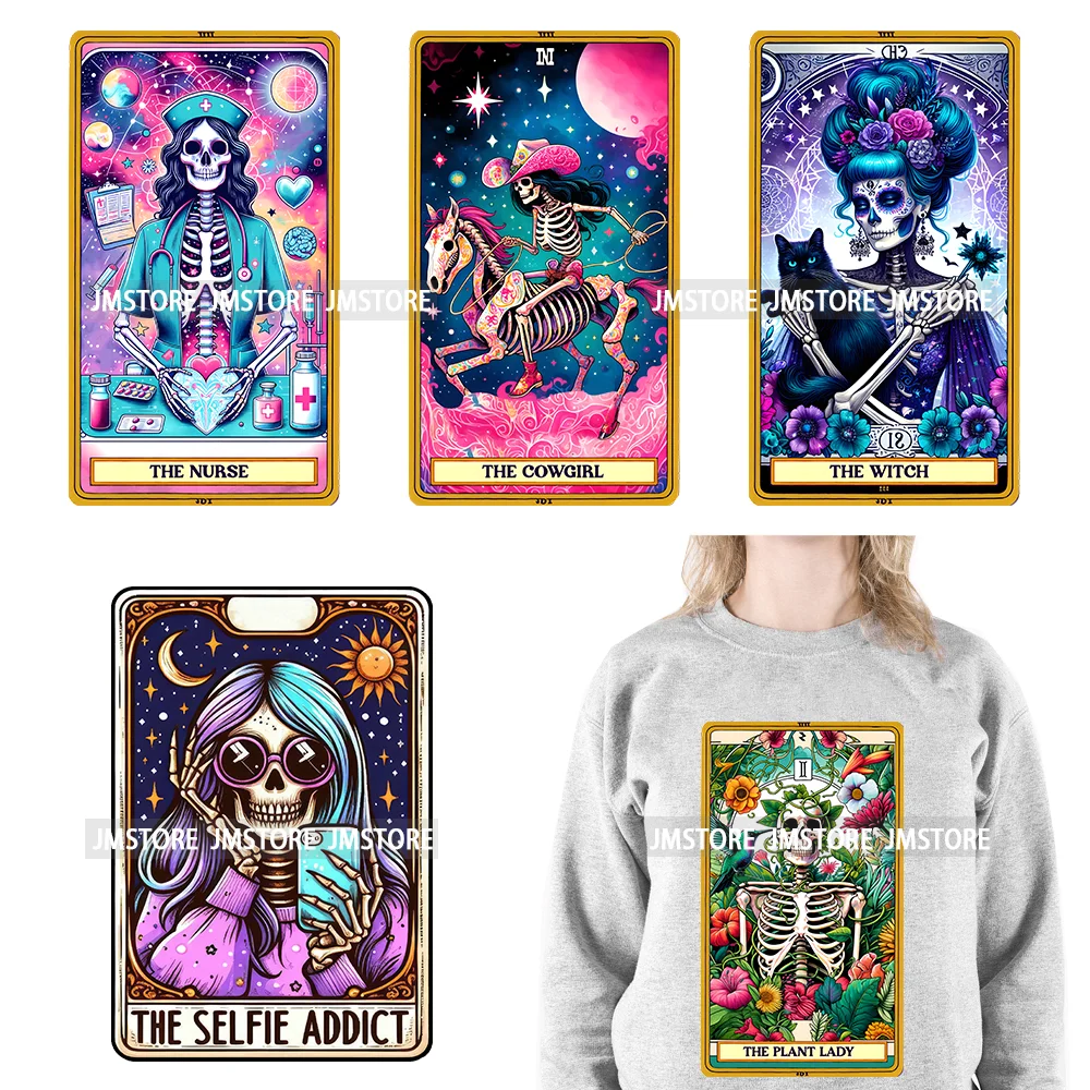 Colorful Plant Lady Stoner Skeleton Funny Drama Queen Mood Nurse Tarot Card DTF Iron On Heat Press Transfer Stickers For Clothes