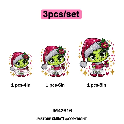 Faux Glitter Cartoon Christmas Movie Green Santa Kid Girly Xmas Iron on DTF Washable Transfer Sticker Ready to Press for Textile