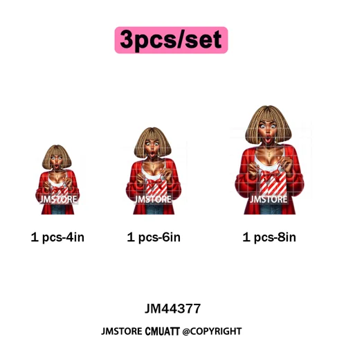 Sassy Afro Women Quirky Girls Santa Christmas Attitude Iron on Washable DTF Heat Transfers Stickers Ready to Press for Textiles