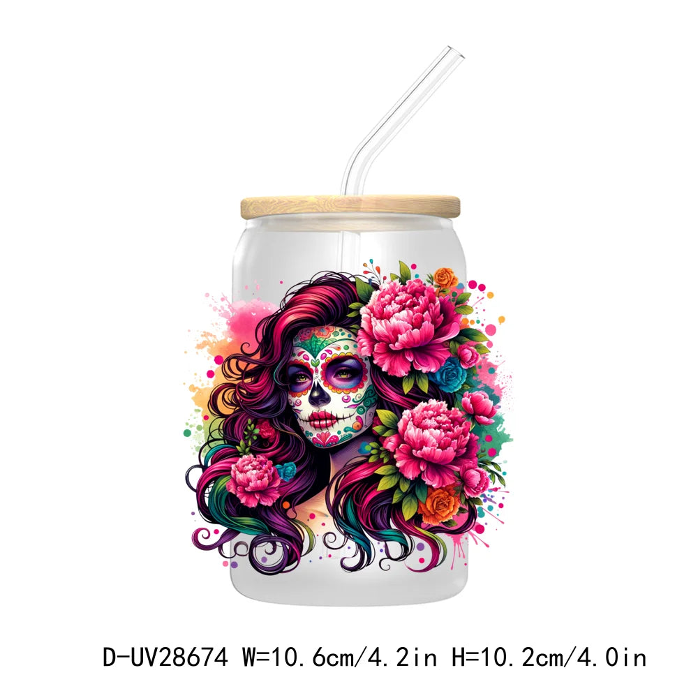 La Mexicana Latina Tarot Card UV DTF Transfer Stickers Decals For Libbey Cold Cups Mugs Tumbler Waterproof Floral Sugar Skulls