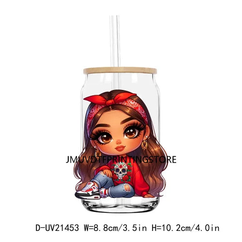 Chibi Cute Chicana Doll With Rose UV DTF Transfers Stickers Decals For Libbey Cold Cups Mugs Tumbler Mexico Waterproof DIY Logo