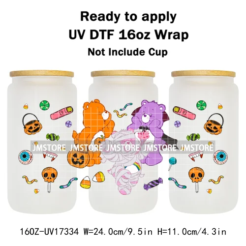 Scary Bears Halloween Pumpkins Horror Characters UV DTF Wraps Transfer Sticker Selfadhesive For 16OZ Libbey Glass Can Tumbler
