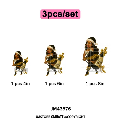 Wine Christmas Black Girls Santa Cheer Winter Holiday Party Iron on Washable DTF Transfers Stickers Ready to Press for Textiles