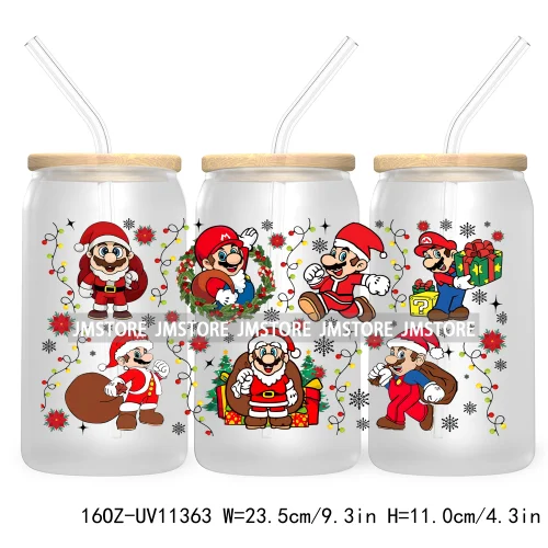 Cute Kids Cartoon Character With Christmas Lights Tree Xmas Holiday UV DTF Transfer 16OZ Libbey Glass Can Wrap Ready to Apply