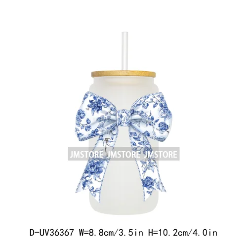 Blue Chinoiserie Coquette Bow UV Sticker Decals For Libbey Cold Cups Mug Tumbler Transfer Stickers Waterproof Top Quality Prints