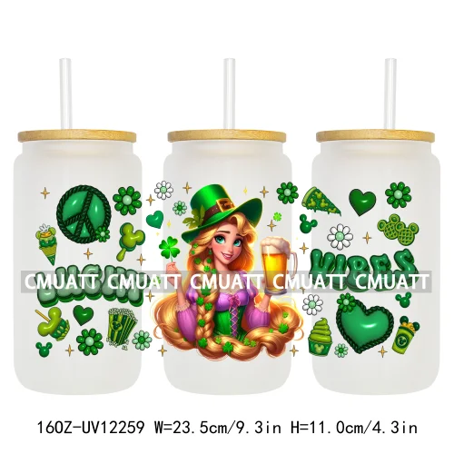 Happy St Patricks Cartoon Princess Characters Feeling Lucky Four Leaf Clover 16OZ UV DTF Cup Wrap Sticker For Libbey Glass Can