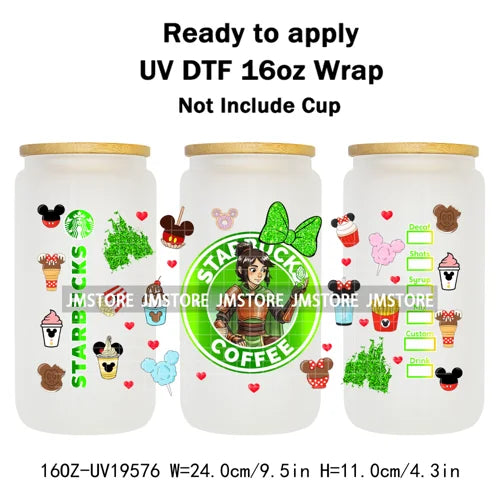 Faux Glitter Coffee Cartoon Princess Girly 16OZ UV DTF Cup Wraps Ready To Apply Waterproof Transfer Sticker For Libbey Glass Can