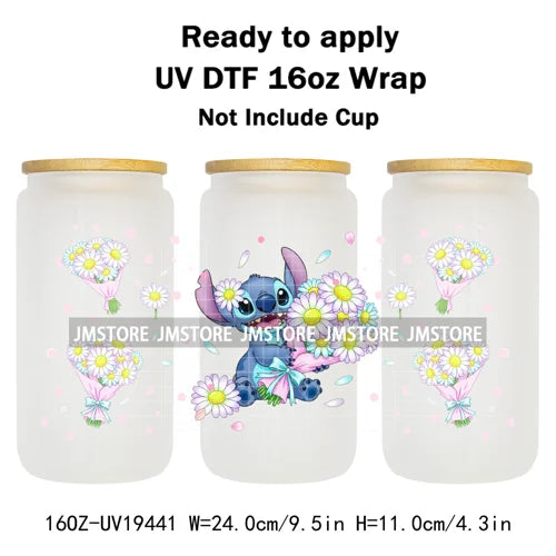 Cartoon Holding Bouquet Flowers UV DTF Cup Wrap Ready To Apply Transfer Stickers Durable 16OZ Tumbler Wraps For Libbey Glass Can