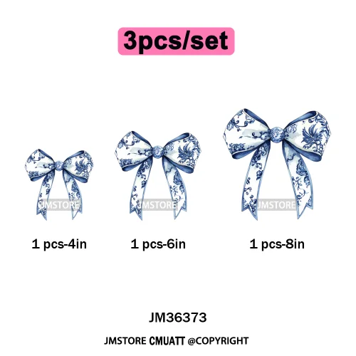 Blue And White Toile Chinoiserie Floral Coquette Bow Thermal Decals Iron on DTF Transfers Stickers Ready to Press for Clothing