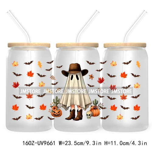 Spooky Ghost Fall Halloween Pumpkin Season UV DTF Sticker For 16OZ Libbey Glass Cup Can Autumn Leaves Wrap Transfer Stickers