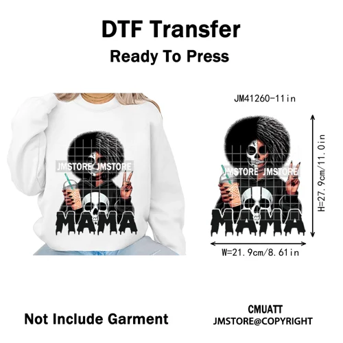 Coffee Lover Afro Mama Spooky Halloween Killer Cartoon Women Iron on Washable DTF Transfers Stickers Ready to Press for Hoodies