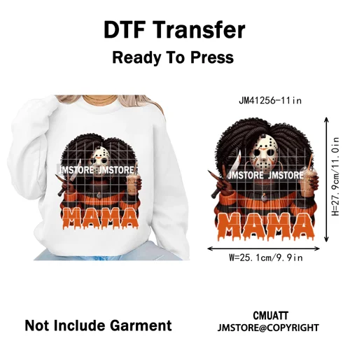 Coffee Lover Afro Mama Spooky Halloween Killer Cartoon Women Iron on Washable DTF Transfers Stickers Ready to Press for Hoodies