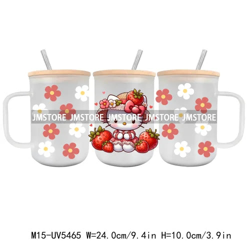 Strawberry Cartoon Hello Cat UV DTF Sticker For 15OZ Mug Libbey Glass Cup Can Wrap Transfer Sticker Custom Labels DIY Logo Cow