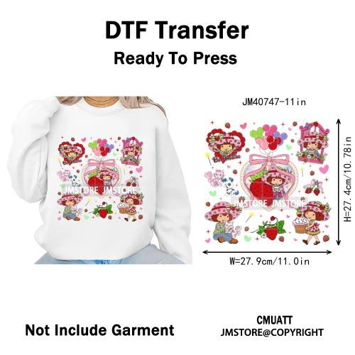 Sweet Strawberry Friends 80s Girl Cartoon Pink Coquette Bows Iron on DTF Washable Transfers Stickers Ready to Press for Clothing
