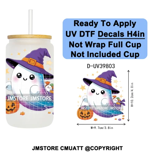 Cute Halloween Witch Ghost Sweet Boo UV DTF Decals Ready To Apply Waterproof Transfer Stickers Prints For 16OZ Libbey Glass Can