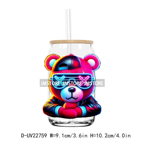 Colorful Neon Teddy Bear Urban Style UV DTF Transfers Stickers Decals For Libbey Cold Cups Mugs Tumbler Waterproof DIY Craft