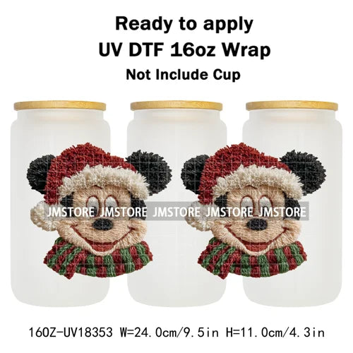 Faux Yarn Christmas Characters UV DTF Cup Wrap Ready To Apply Transfer Stickers Durable 16OZ Tumbler Wraps For Libbey Glass Can