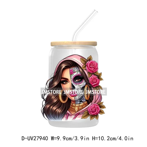 Rainbow Diamond Glamor Latina Skeleton UV DTF Transfer Stickers Decals For Libbey Cold Cups Mugs Tumbler Chicana Latina Woman