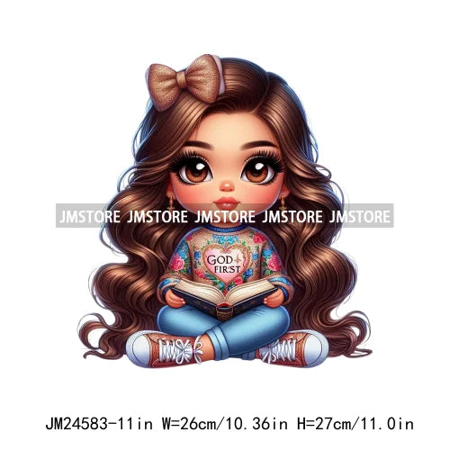 God First Chibi Cute Brown Hair Latina Dolls Baby Girls Coquette Bow Iron On DTF Transfer Stickers Ready To Press For Hoodies