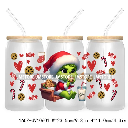 Cute Baby Green Character Christmas Season 16OZ UV Cup Wrap DTF Transfer Stickers For Libbey Glass Can Cups Tumbler Coquette Bow