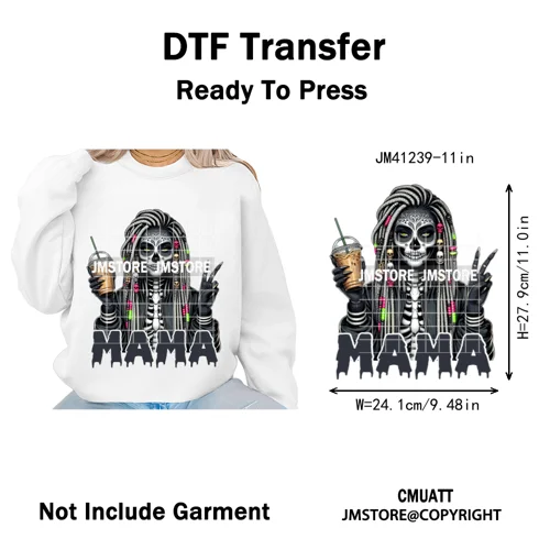 Black Girls Coffee Drinking Halloween Scary Movie Killer Mama Iron on Washable DTF Transfers Stickers Ready to Press for Clothes