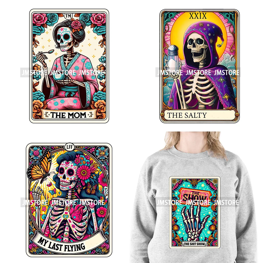 Snarky Funny Tarot Card Woman Sarcastic Skeleton Mother Witchy Vibes Skull Mama DTF Logos Transfer Stickers For Clothing