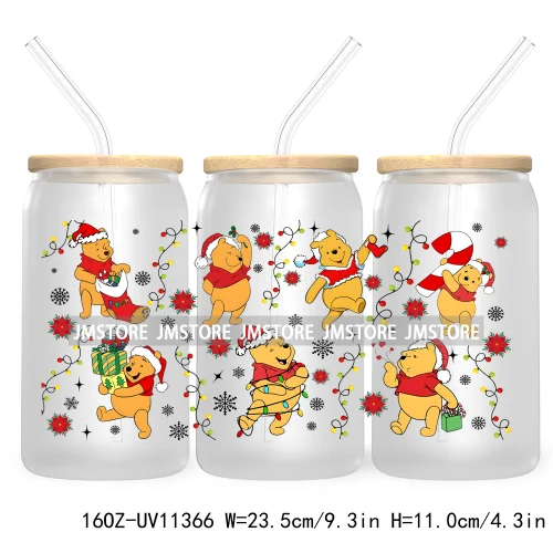 Cute Kids Cartoon Character With Christmas Lights Tree Xmas Holiday UV DTF Transfer 16OZ Libbey Glass Can Wrap Ready to Apply