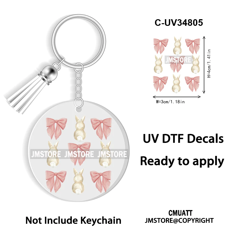 Faux Sequin Glitter Happy Easter Bow Retro Easter Bunny Blowing Bubble UV DTF Stickers for Round Circle Acrylic Keychain Keyring